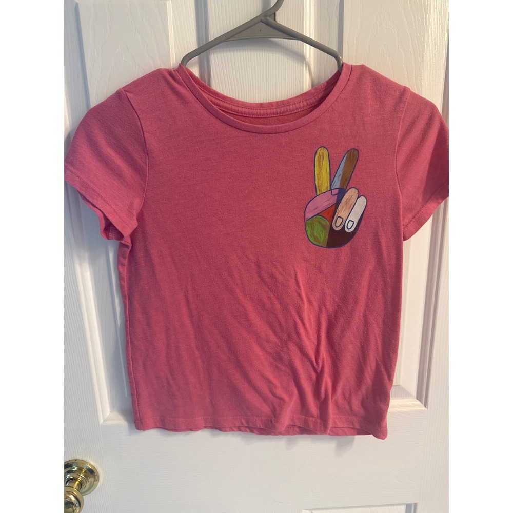 Old Navy Girls Pink Peace Sign Graphic T-Shirt Size L 10-12 Short Sleeve Tee